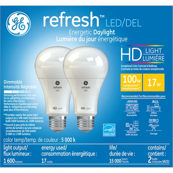 GE Refresh HD Daylight 100W Replacement LED Indoor General Purpose A21 Light Bulbs (2-Pack) 2 GE Refresh HD Daylight 100W Replacement LED Indoor General Purpose A21 Light Bulbs (2-Pack) - Image 2