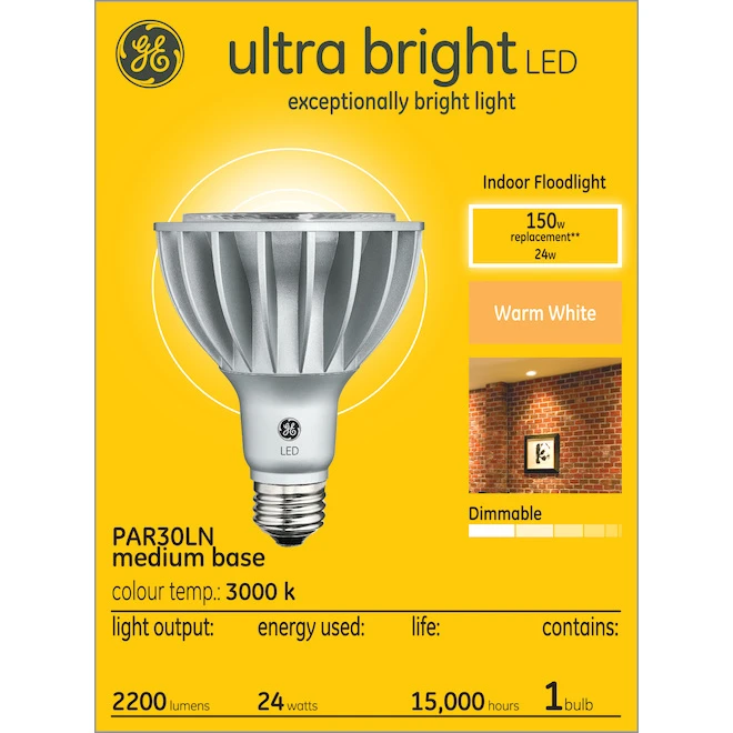 GE Ultra Bright Warm White 150W Replacement LED Indoor Floodlight PAR30LN Light Bulb (1-Pack) 1 GE Ultra Bright Warm White 150W Replacement LED Indoor Floodlight PAR30LN Light Bulb (1-Pack)
