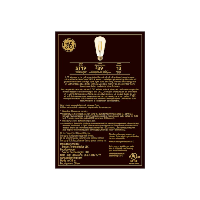 GE Vintage Warm Candle Light 60W Replacement LED Amber Finish Straight Filament ST19 Light Bulbs (2-Pack) 4 GE Vintage Warm Candle Light 60W Replacement LED Amber Finish Straight Filament ST19 Light Bulbs (2-Pack) - Image 4