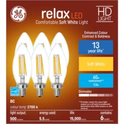 GE Relax HD Soft White 60W Replacement LED Decorative Clear Blunt Tip Candelabra Base BC Light Bulbs (6-Pack) -Globe Lite Shop 32285060a L