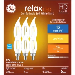 GE Relax HD Soft White 40W Replacement LED Decorative Clear Bent Tip Candelabra Base CAC Bulbs (6-Pack) -Globe Lite Shop 32285092a L