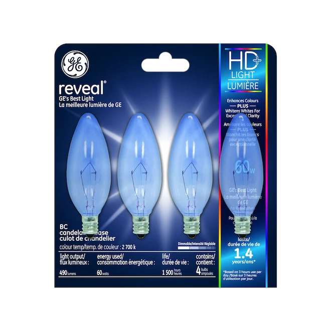 GE Reveal HD+ Colour-Enhancing 60W Incandescent Dimmable Candelabra Base BC Light Bulb (4-Pack) 2 GE Reveal HD+ Colour-Enhancing 60W Incandescent Dimmable Candelabra Base BC Light Bulb (4-Pack) - Image 2