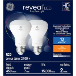 GE Reveal HD+ Colour-Enhancing 45W Replacement LED Indoor Floodlight R20 Bulbs (2-Pack) -Globe Lite Shop 32285112a L