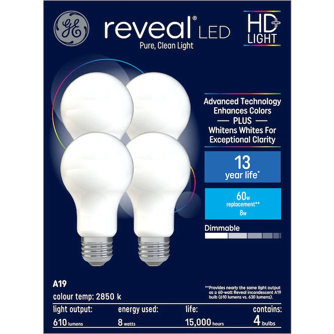 GE Reveal HD+ Colour-Enhancing 60W Replacement LED Glass Indoor General Purpose A19 Light Bulbs (4-Pack) 4 GE Reveal HD+ Colour-Enhancing 60W Replacement LED Glass Indoor General Purpose A19 Light Bulbs (4-Pack) - Image 4