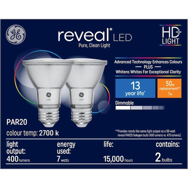 GE Reveal HD+ Colour-Enhancing 50W Replacement LED Indoor Floodlight PAR20 Bulbs (2-Pack) 3 GE Reveal HD+ Colour-Enhancing 50W Replacement LED Indoor Floodlight PAR20 Bulbs (2-Pack) - Image 3