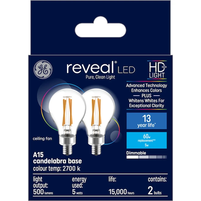 GE Reveal HD+ Colour-Enhancing 60W Replacement LED Clear Ceiling Fan Candelabra Base A15 Light Bulbs (2-Pack) 2 GE Reveal HD+ Colour-Enhancing 60W Replacement LED Clear Ceiling Fan Candelabra Base A15 Light Bulbs (2-Pack) - Image 2