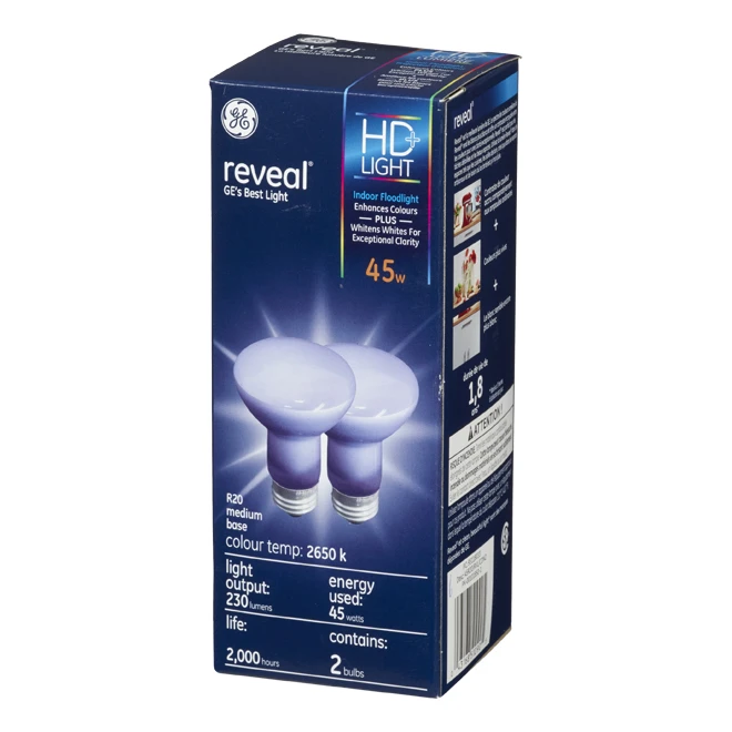 GE Reveal HD+ Colour-Enhancing 45W Incandescent Indoor Floodlight R20 Light Bulb (2-Pack) 1 GE Reveal HD+ Colour-Enhancing 45W Incandescent Indoor Floodlight R20 Light Bulb (2-Pack)