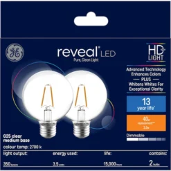 GE Reveal HD+ Colour-Enhancing 40W Replacement LED Clear Decorative Medium Base G25 Globe Bulb (2-Pack) -Globe Lite Shop 32285232a L