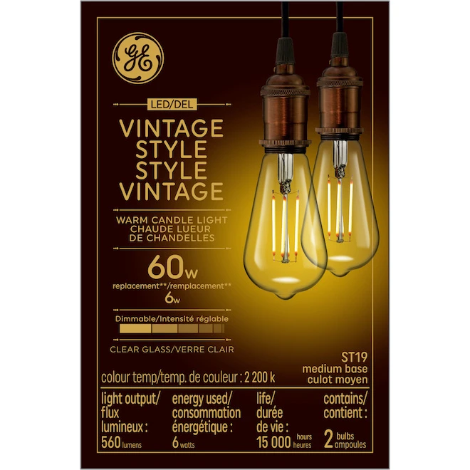 GE Vintage 60W Replacement LED Edison Style ST19 Clear Glass Medium Base Light Bulbs (2-Pack) 5 GE Vintage 60W Replacement LED Edison Style ST19 Clear Glass Medium Base Light Bulbs (2-Pack) - Image 5