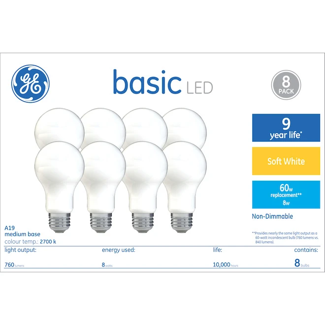 GE Soft White 60W Replacement LED General Purpose A19 Light Bulbs (8-Pack) 4 GE Soft White 60W Replacement LED General Purpose A19 Light Bulbs (8-Pack) - Image 4