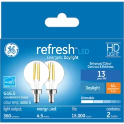 GE Refresh HD Daylight 40W Replacement LED Decorative Clear Globe Candelabra Base G16.5 Light Bulbs (2-Pack) -Globe Lite Shop 32285299a L