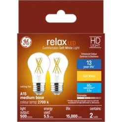 GE Relax HD Soft White 60W Replacement LED Clear Ceiling Fan Medium Base A15 Light Bulbs (2-Pack) -Globe Lite Shop 32285304a L