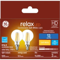GE Relax HD Soft White 60 W Replacement LED Decorative Clear Globe Candelabra Base G16.5 Light Bulbs (2-Pack) -Globe Lite Shop 32285320a L