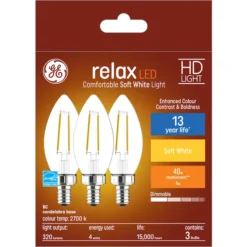 GE Relax HD Soft White 40W Replacement LED Decorative Clear Blunt Tip Candelabra Base BC Light Bulbs (3-Pack) 7 GE Relax HD Soft White 40W Replacement LED Decorative Clear Blunt Tip Candelabra Base BC Light Bulbs (3-Pack) -Globe Lite Shop 32285341a L