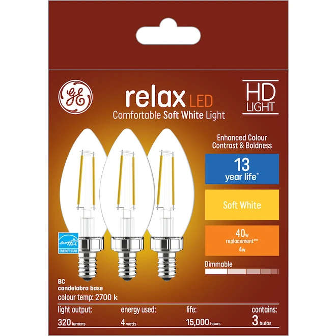 GE Relax HD Soft White 40W Replacement LED Decorative Clear Blunt Tip Candelabra Base BC Light Bulbs (3-Pack) 4 GE Relax HD Soft White 40W Replacement LED Decorative Clear Blunt Tip Candelabra Base BC Light Bulbs (3-Pack) - Image 4