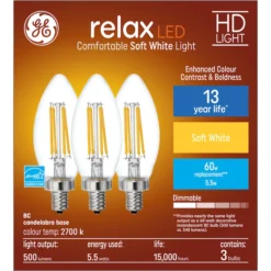 GE Relax HD Soft White 60W Replacement LED Decorative Clear Blunt Tip Candelabra Base BC Light Bulbs (3-Pack) -Globe Lite Shop 32285349a L