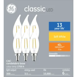 GE Soft White 40W Replacement LED Decorative White Bent Tip Candelabra Base CAC Light Bulbs (6-Pack) -Globe Lite Shop 32285412a L
