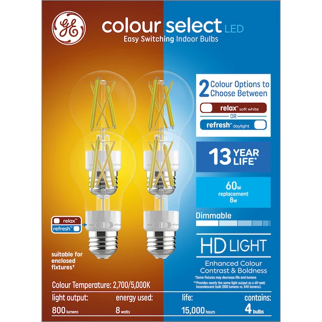 GE Color Select 60-Watt EQ A19 White Dimmable LED Light Bulb (4-Pack) 1 GE Color Select 60-Watt EQ A19 White Dimmable LED Light Bulb (4-Pack)