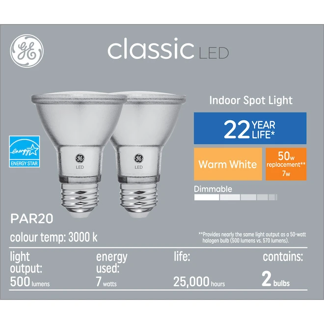 GE Classic 50-Watt EQ PAR20 Warm White Dimmable LED Light Bulb (2-Pack) 2 GE Classic 50-Watt EQ PAR20 Warm White Dimmable LED Light Bulb (2-Pack) - Image 2