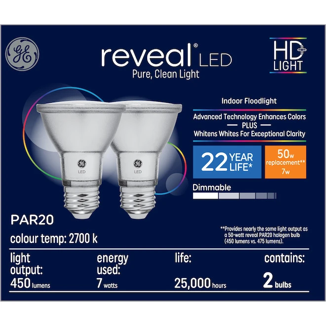 GE Reveal 50-Watt EQ PAR20 Color-Enhancing Dimmable LED Light Bulb (2-Pack) 2 GE Reveal 50-Watt EQ PAR20 Color-Enhancing Dimmable LED Light Bulb (2-Pack) - Image 2