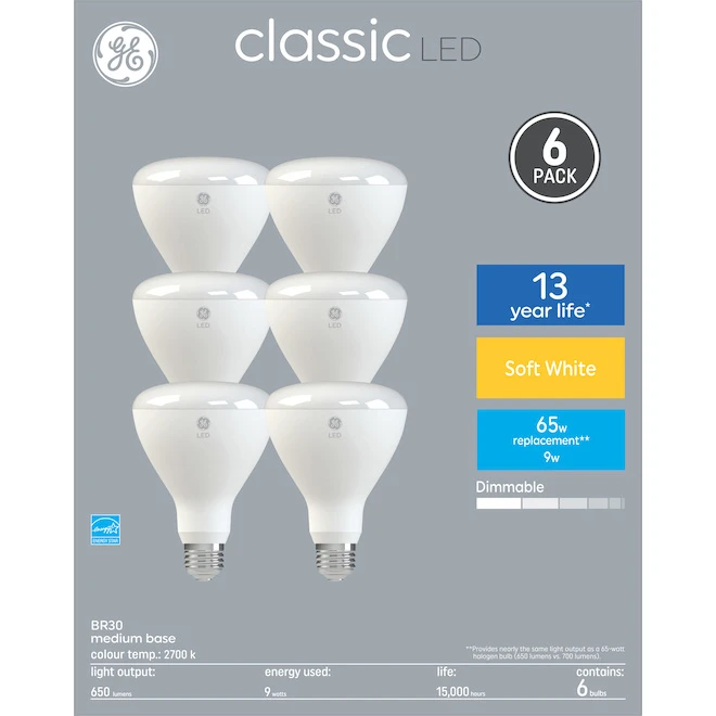GE Classic 65-Watt EQ BR30 Warm White Dimmable LED Light Bulb (6-Pack) 1 GE Classic 65-Watt EQ BR30 Warm White Dimmable LED Light Bulb (6-Pack)