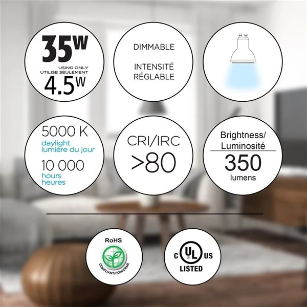 Luminus 35-Watt Equivalent GU10 Daylight Dimmable LED Light Bulbs (12-pack) 5 Luminus 35-Watt Equivalent GU10 Daylight Dimmable LED Light Bulbs (12-pack) - Image 5