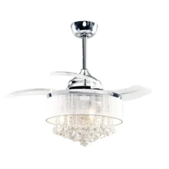 Parrot Uncle Indoor Chrome Retractable Crystal Chandelier Ceiling Fan With Remote 36-in