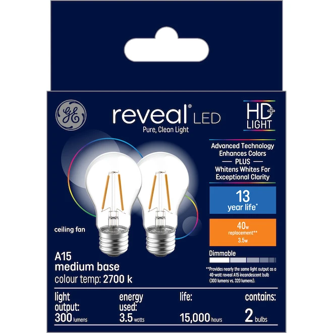GE Reveal HD+ Colour-Enhancing 40W Replacement LED Clear Ceiling Fan Medium Base A15 Light Bulbs (2-Pack) 4 GE Reveal HD+ Colour-Enhancing 40W Replacement LED Clear Ceiling Fan Medium Base A15 Light Bulbs (2-Pack) - Image 4