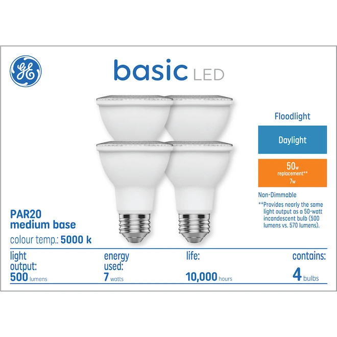 GE Basic Daylight 50 W Replacement LED Floodlight PAR20 Light Bulbs (4-Pack) 2 GE Basic Daylight 50 W Replacement LED Floodlight PAR20 Light Bulbs (4-Pack) - Image 2
