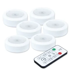 Ecolight White Round LED Puck With Remote And Battery - 6-Pack